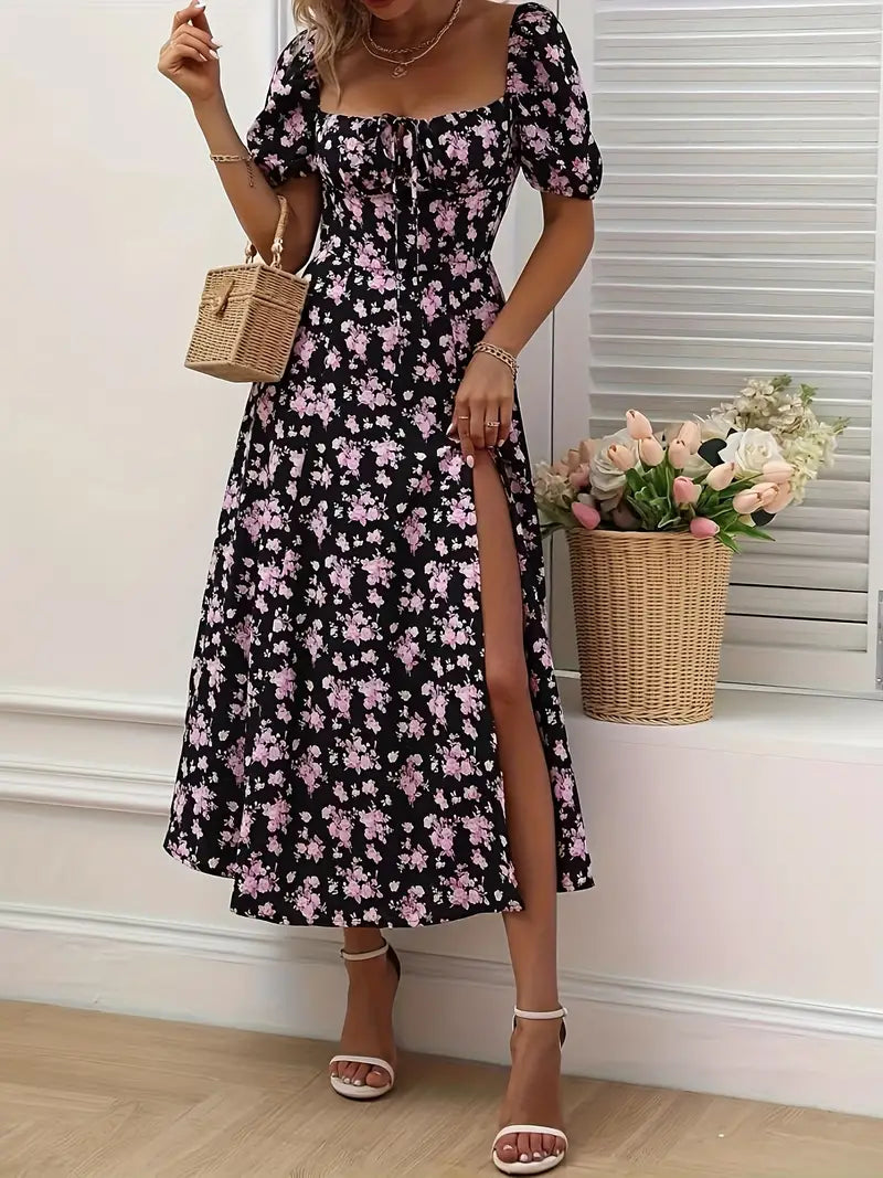 GR | Schickes Kleid mit Puffärmeln Im A-Linien-Stil mit Blumendruck