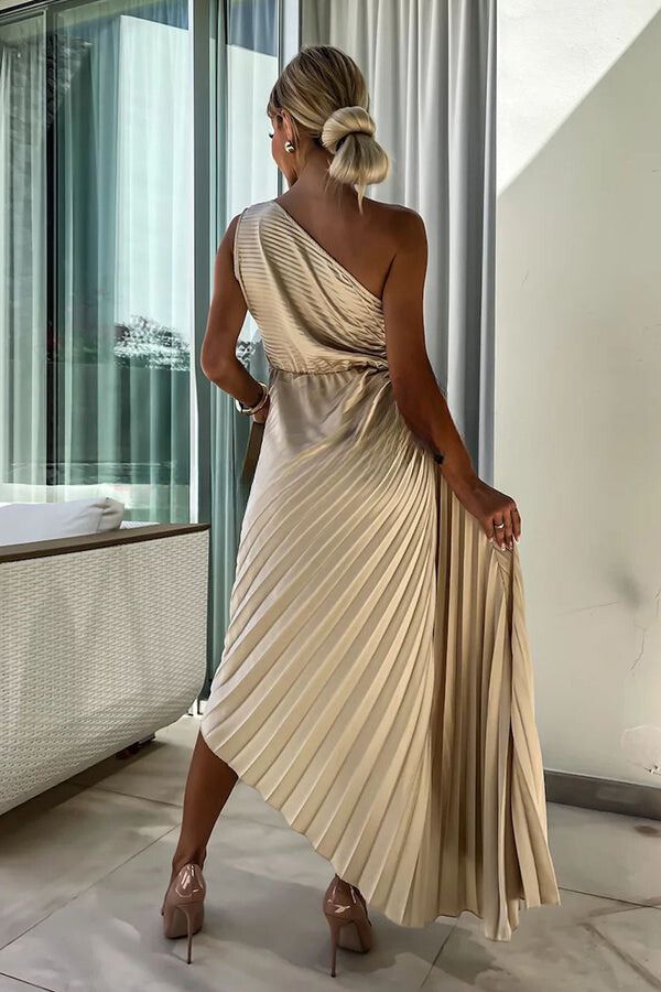 GR | Romantic Nights Satin Sublime Floral Elastic Cutout One-Shoulder Pleated Maxi Dress