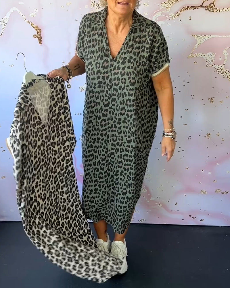GR | Relaxed V-neck leopard print dress for women
