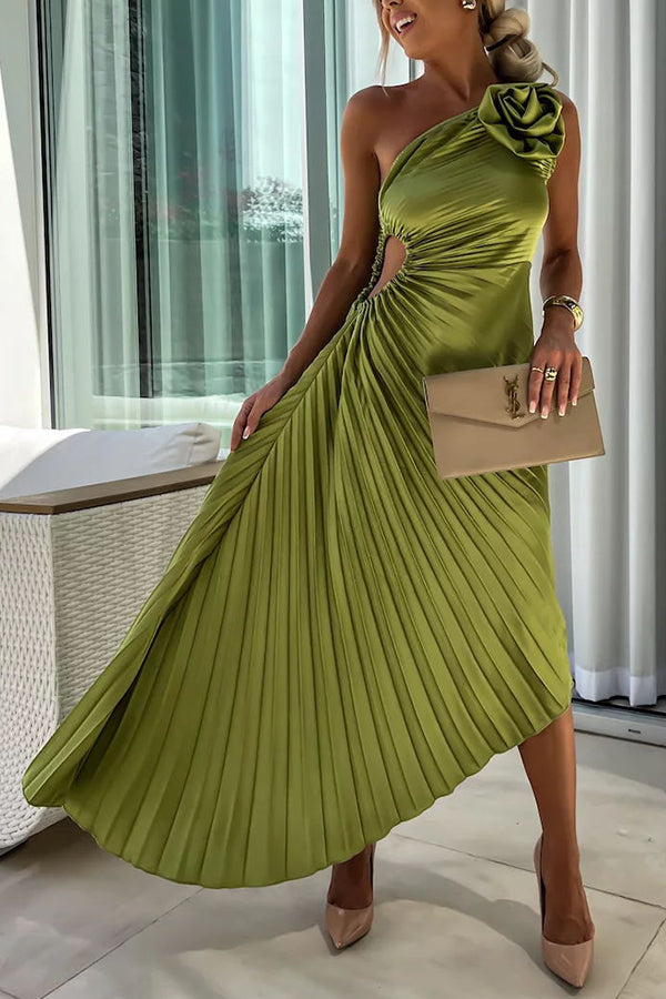 GR | Romantic Nights Satin Sublime Floral Elastic Cutout One-Shoulder Pleated Maxi Dress