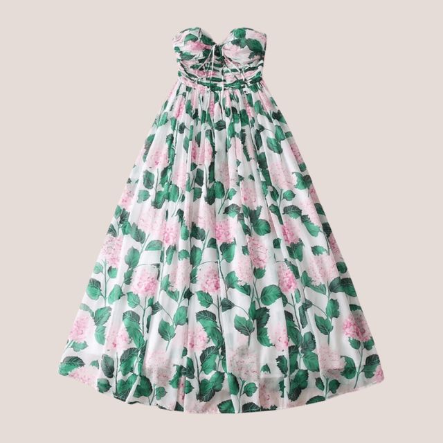 GR | Strapless maxi dress with floral pattern and gathered bodice 