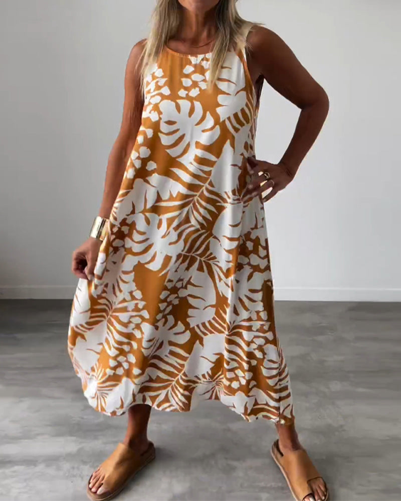 GR | Lässiges, Ärmelloses Kleid mit Blattmuster