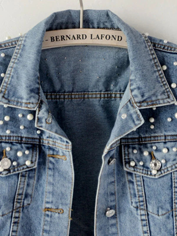 GR | Casual denim jacket with pearls for women
