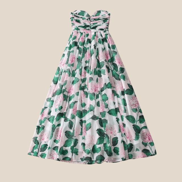 GR | Strapless maxi dress with floral pattern and gathered bodice 