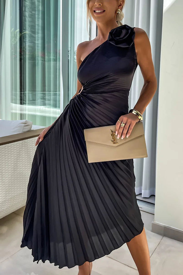 GR | Romantic Nights Satin Sublime Floral Elastic Cutout One-Shoulder Pleated Maxi Dress