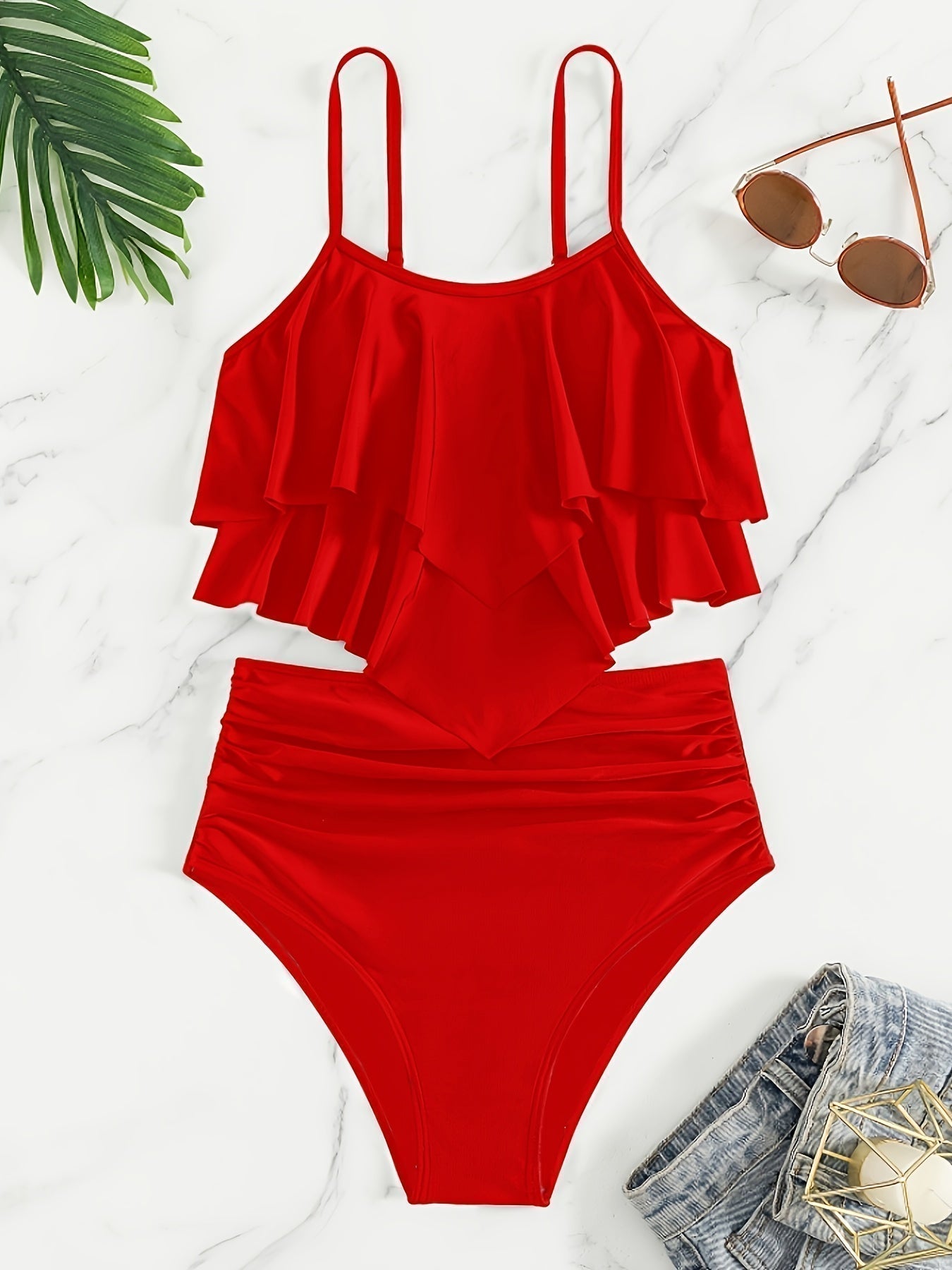 GR | Ruched, Layered Two-Piece Black Tankini for Women