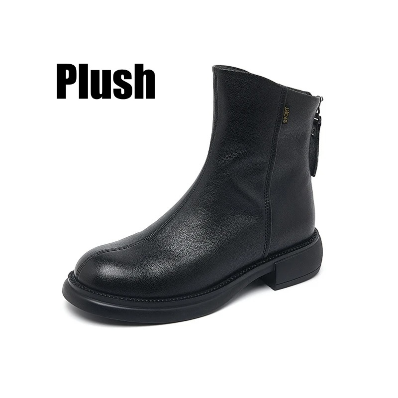 GR | Women's Leather Ankle Boots with Back Zipper and Low Heel