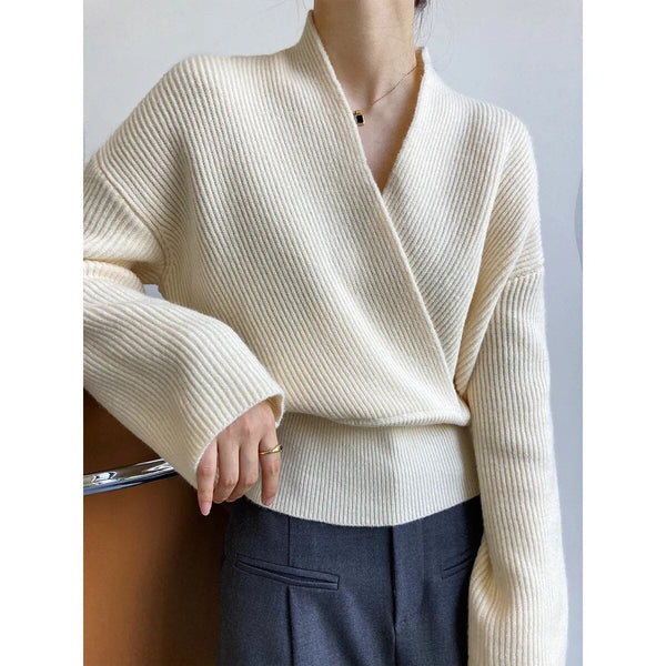 GR | Classic autumn wrap sweater with statement neckline for women