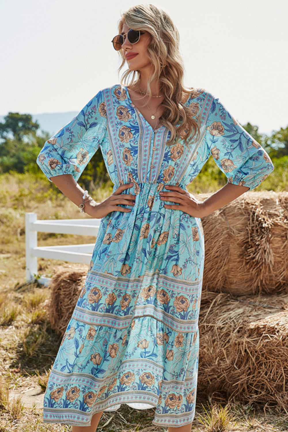 GR | High-waisted V-neck Boho beach dress