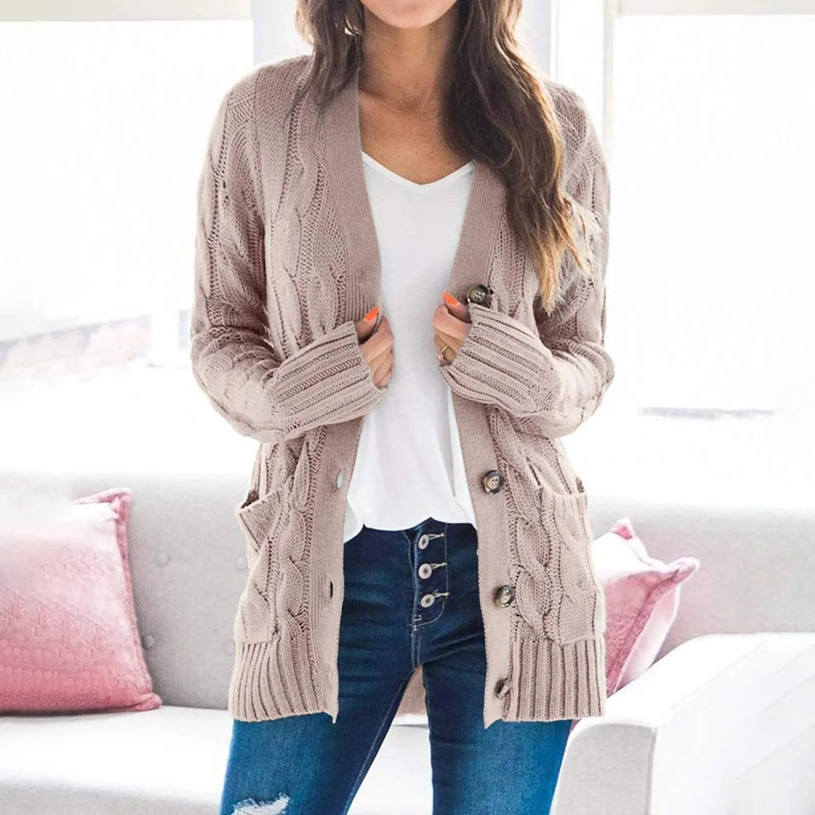 GR | Stylische Lange Strickjacke Für Damen Mit Knopfleiste