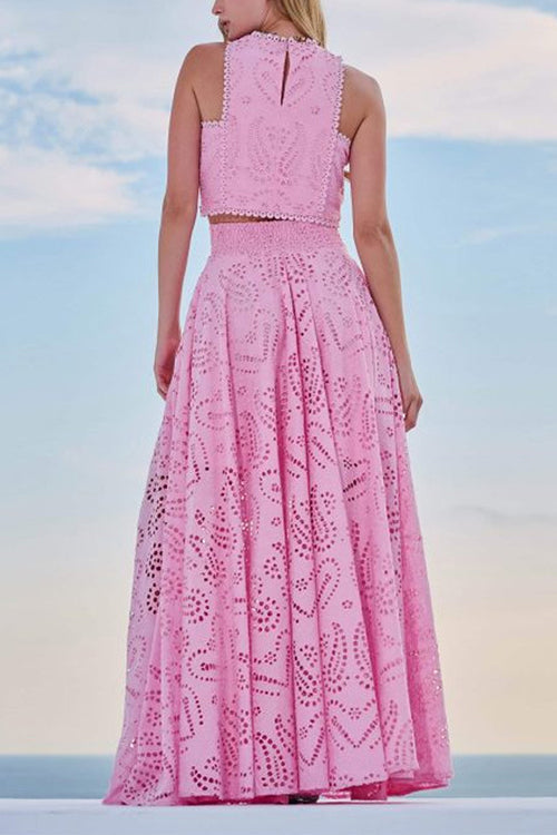 GR | Rosiedress Lace Hollow Out Round Neck Crop Tank Top High Waist Maxi Swing Skirt Set 