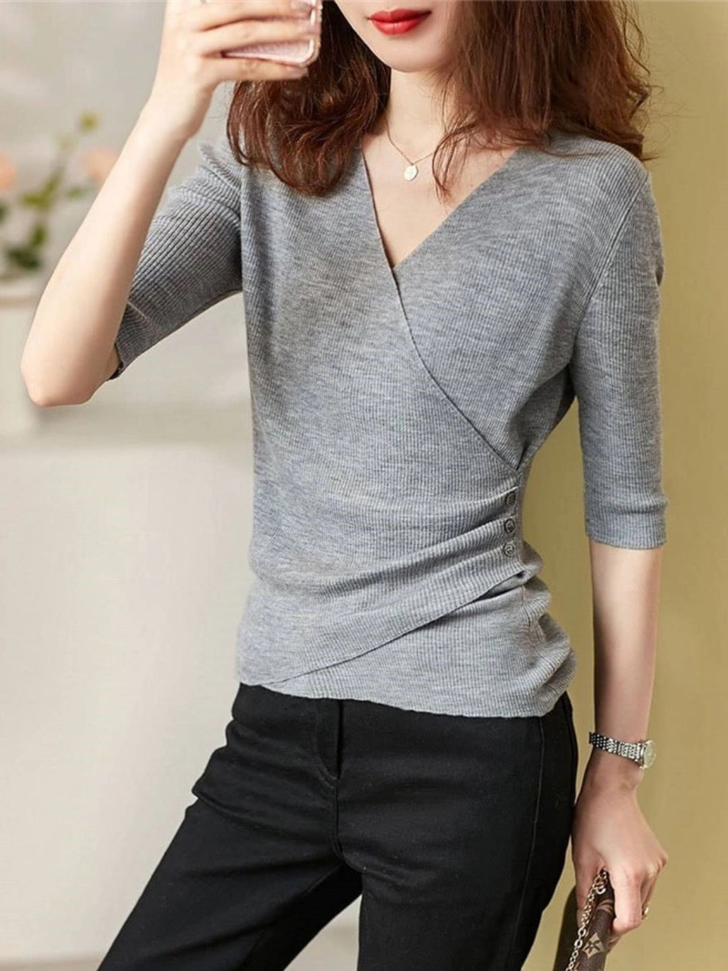 GR | Casual V-neck solid color knit top green 
