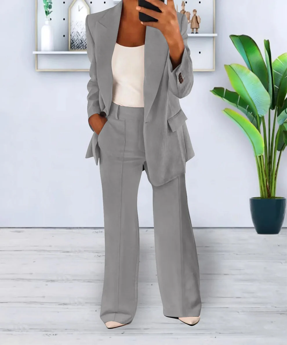 GR | Women's Two-Piece Blazer and Wide-Waisted Trousers Set, Tailored Fit, Formal Wear