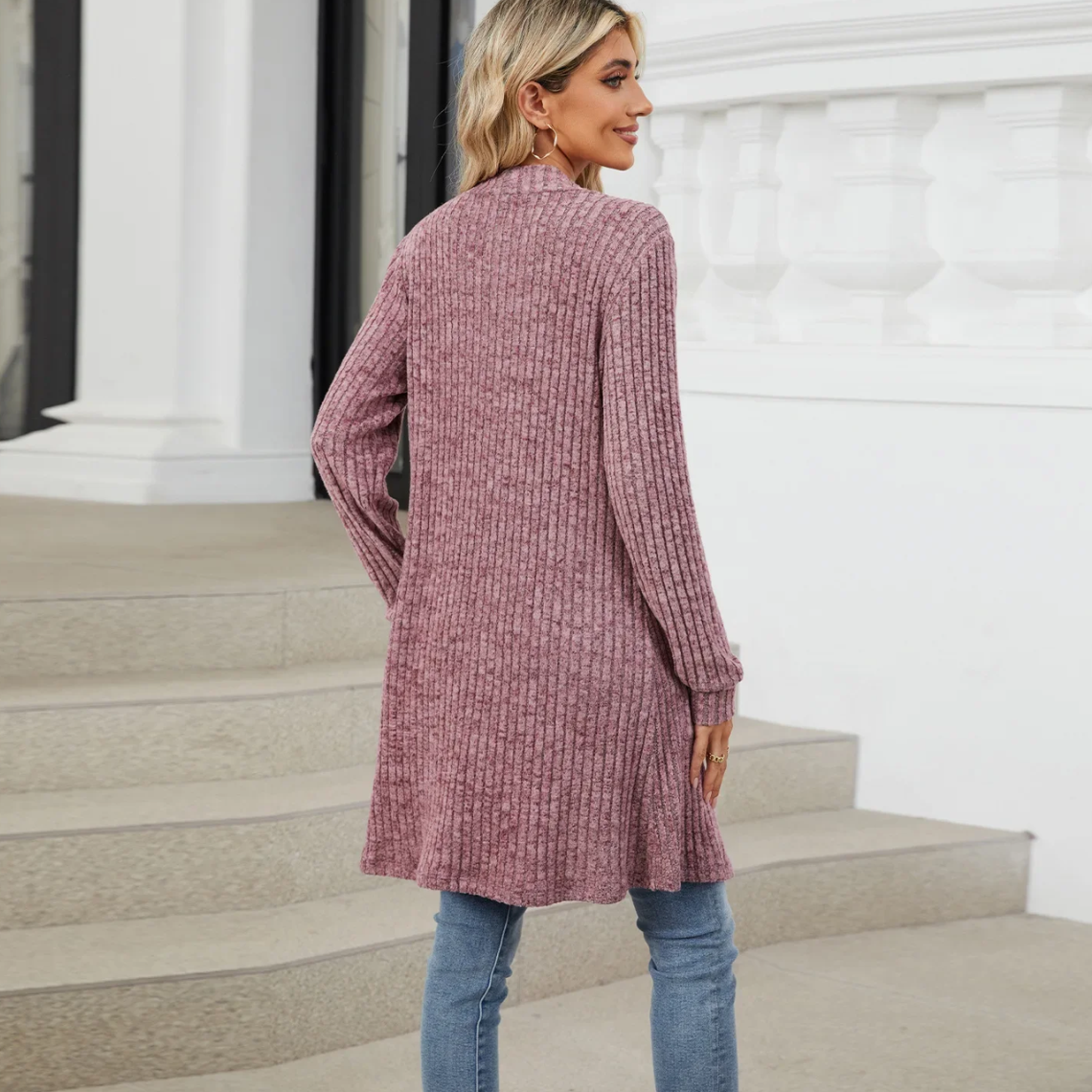 GR | Lange Strickjacken Damen Gerippte Offene Vorderseite Jacke mit Taschen
