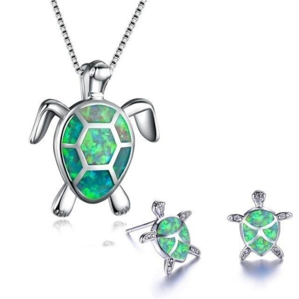 GR | Turtle Necklace + Earrings in Opal and Silver