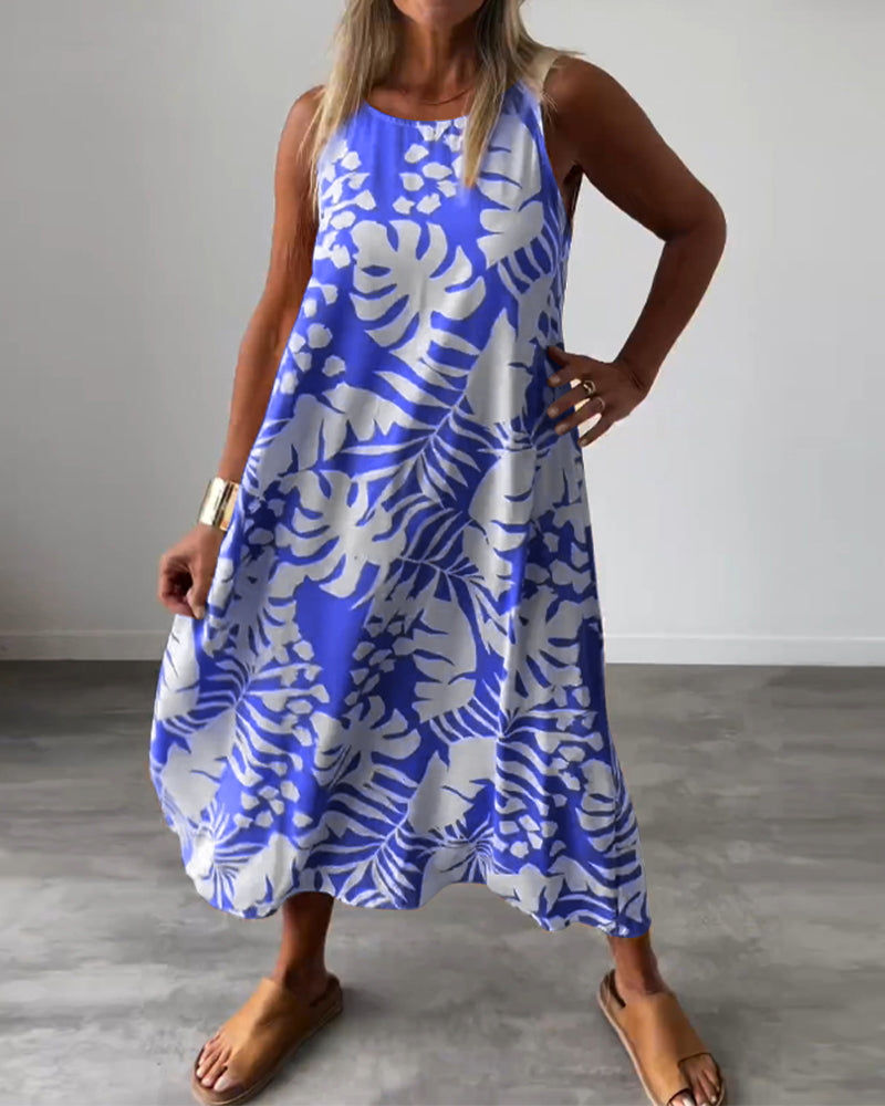 GR | Lässiges, Ärmelloses Kleid mit Blattmuster