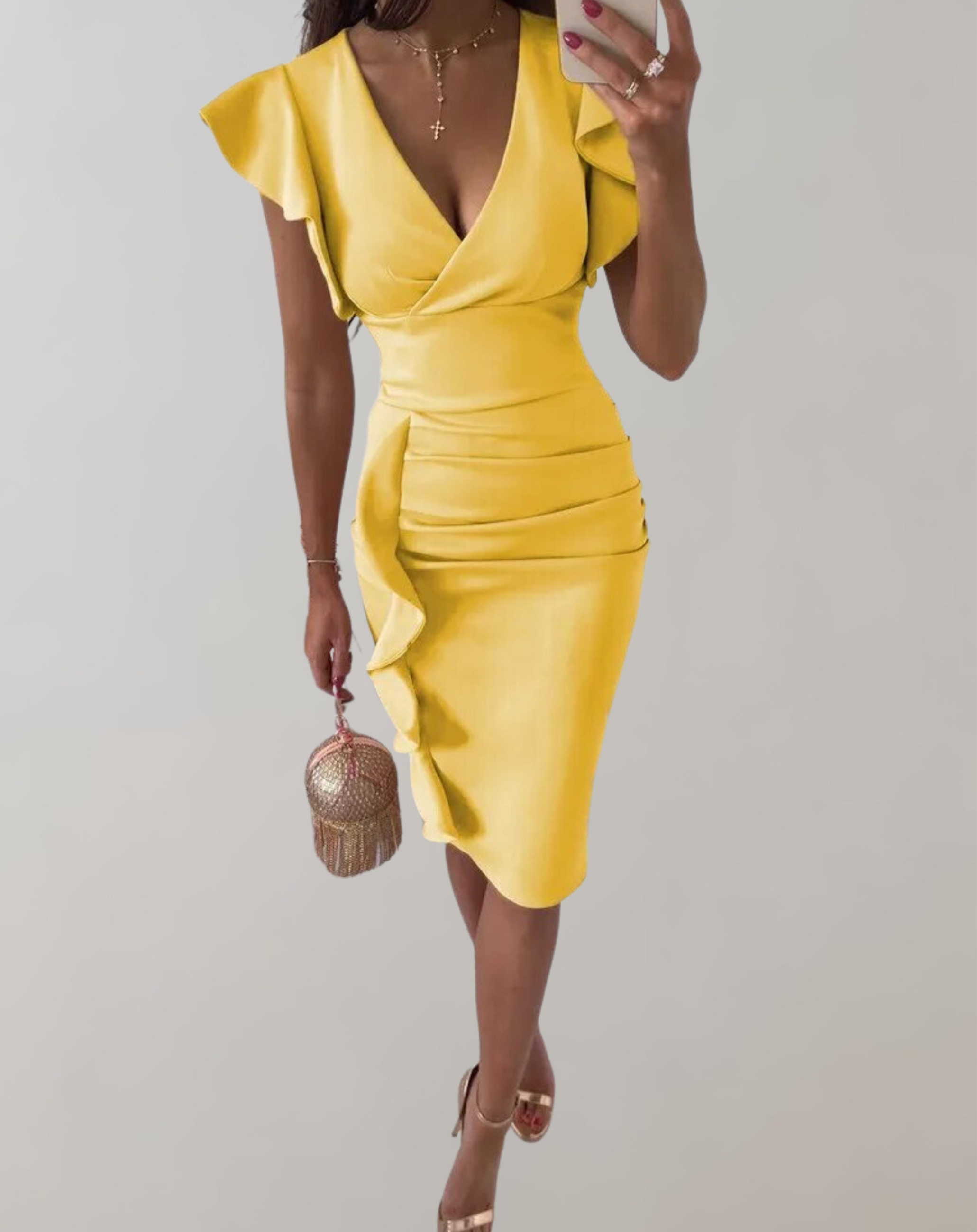 GR | High-waisted dress with flair detail and puffed mini sleeves