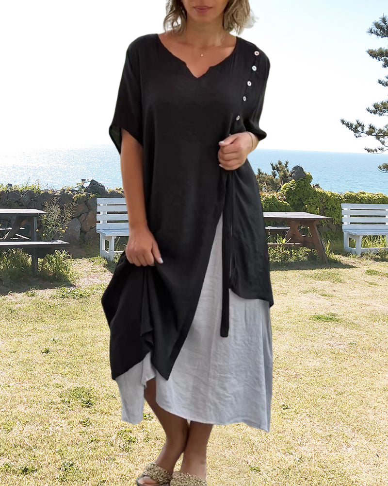 GR | Asymmetrisches Kleid mit kurzen Ärmeln und V-Ausschnitt