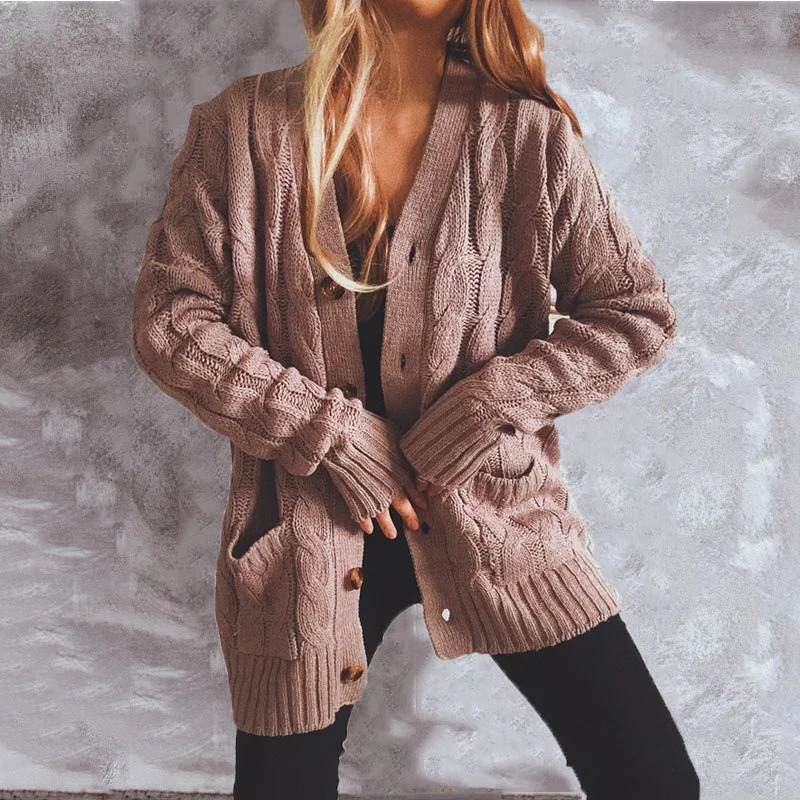 GR | Women's wool cardigan with cable knit pattern and wooden buttons, loose fit