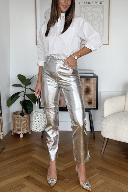 GR | Rosiedress High Rise Metallic Fauxleder-Cropped-Hose