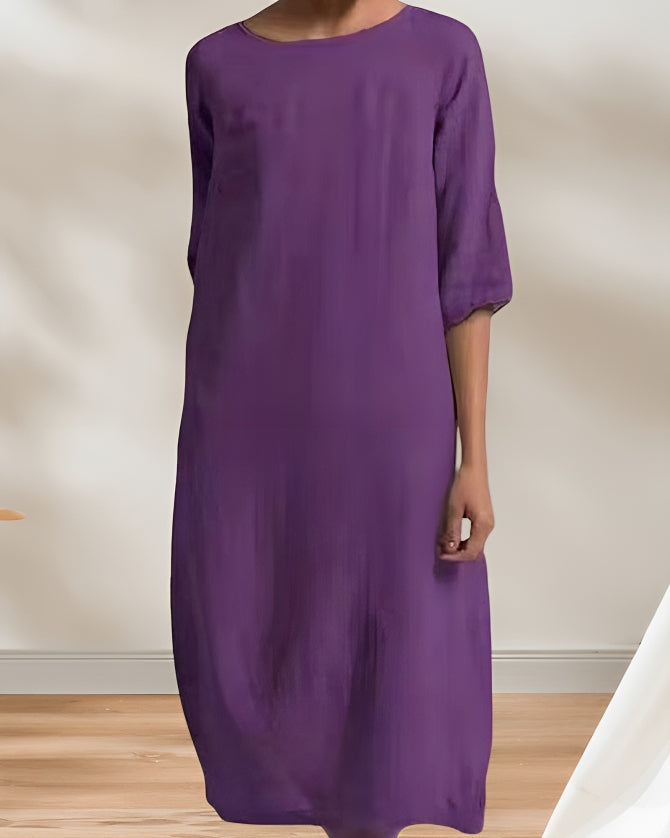 GR | Ladies Lässig Leinen Look Einfaches Midikleid