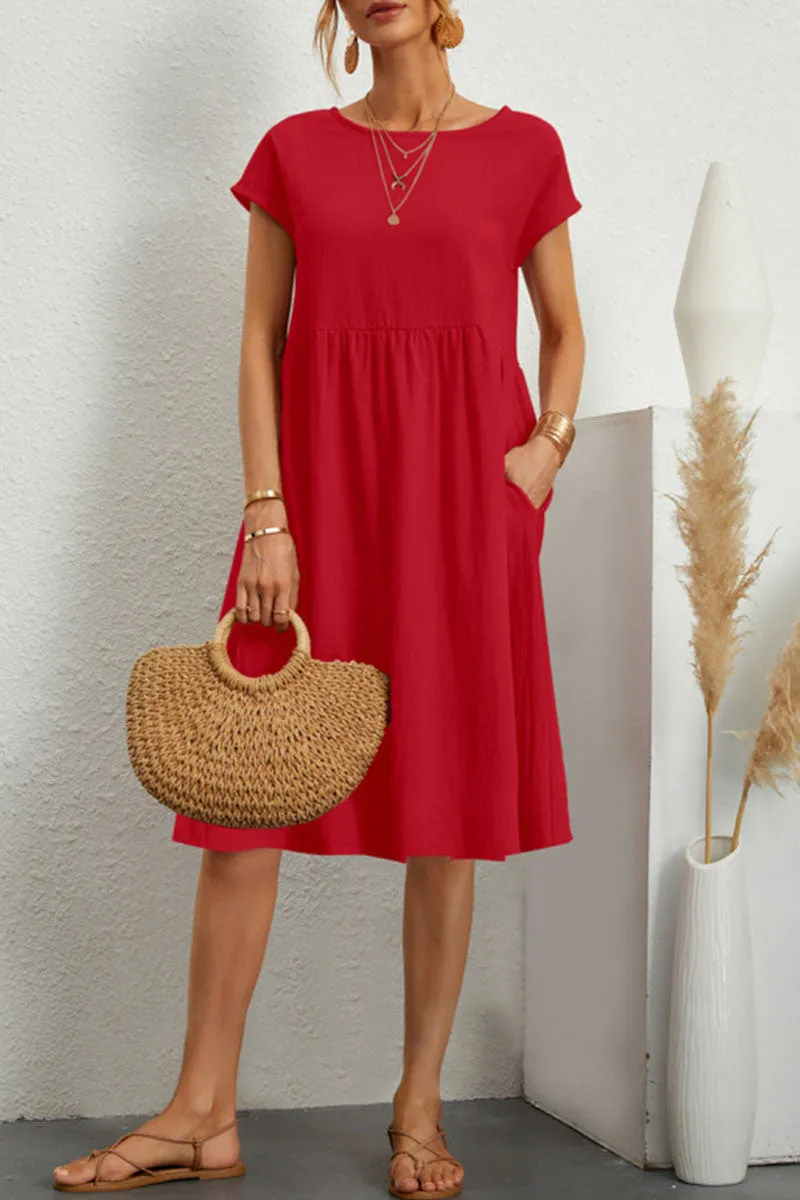 GR | Chic short-sleeved dress with a round neckline in solid color patchwork