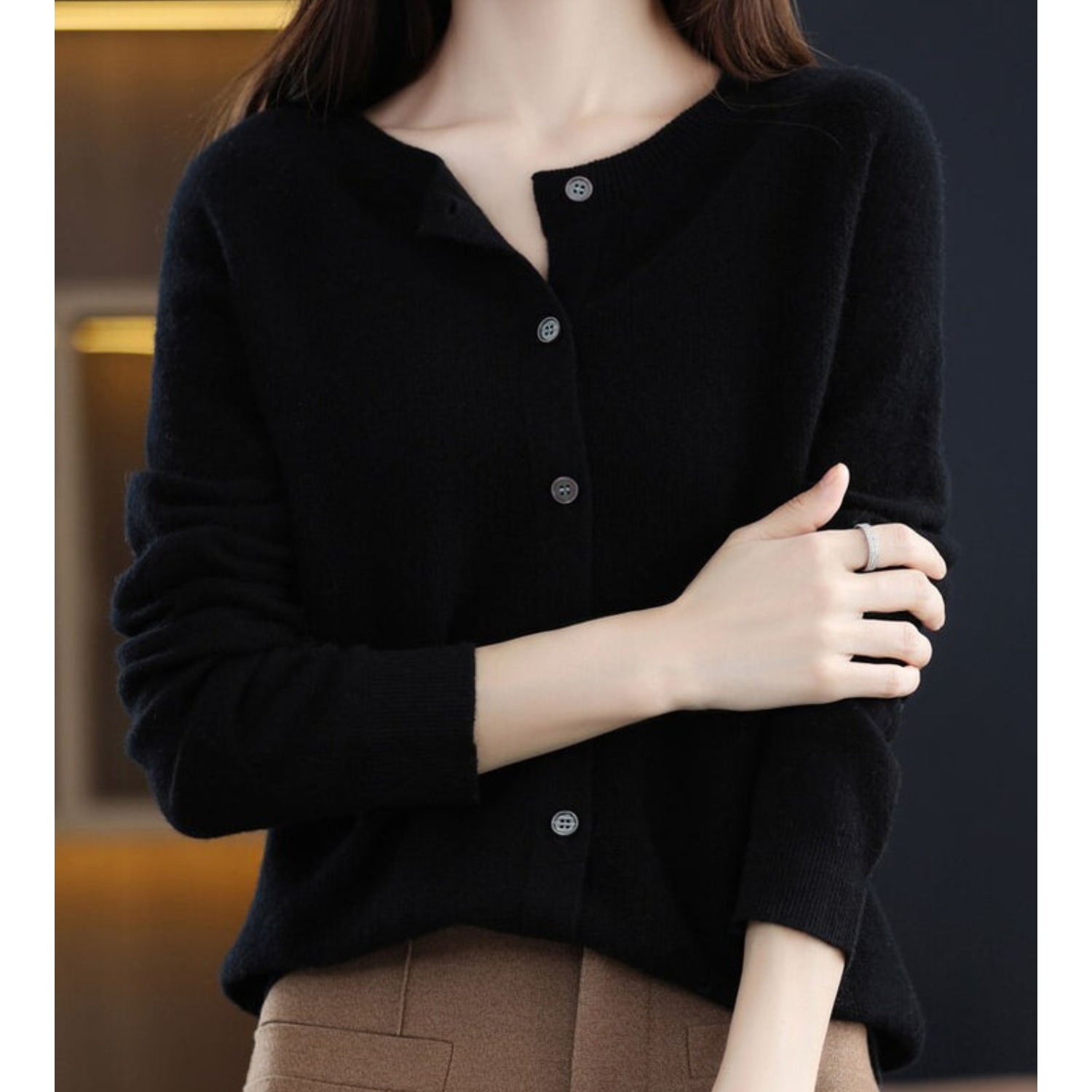 GR | Merino wool women's O-neck cardigan cashmere sweater