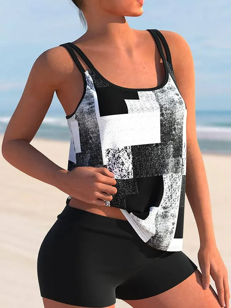 GR Tankini with double straps and geometric print