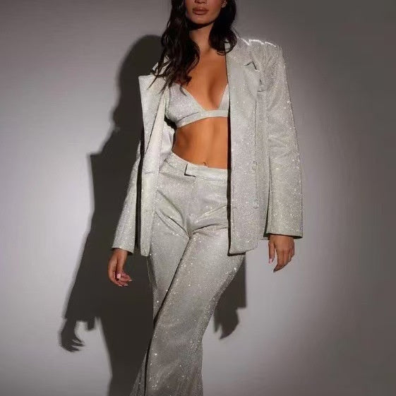 GR | Shiny women's suit set with blazer and straight-leg trousers for parties
