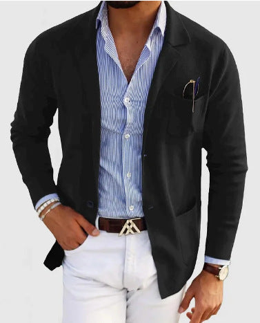 GR | Men's Cardigan with Casual Buttons, Pockets and Notched Collar, Solid Color, Long Sleeves