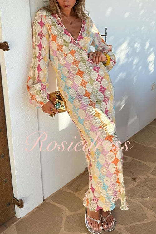 GR | Rosiedress V-neck lantern sleeve geometric print maxi dress