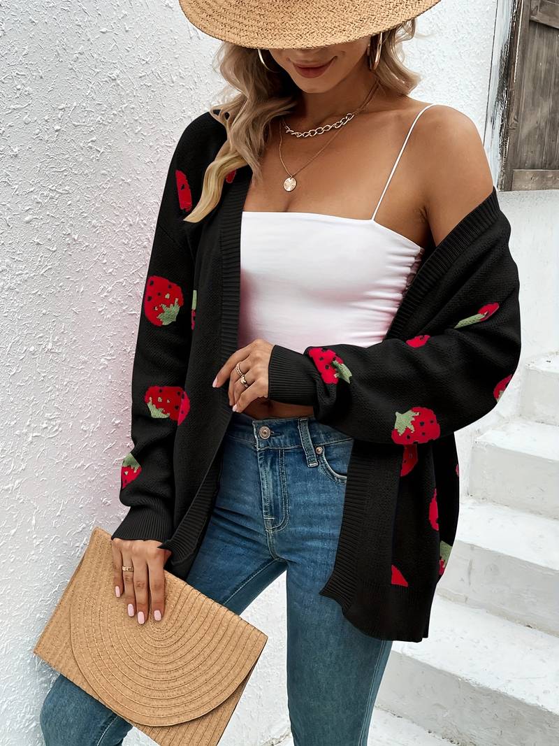 Long-sleeved cardigan with strawberry print for autumn and spring