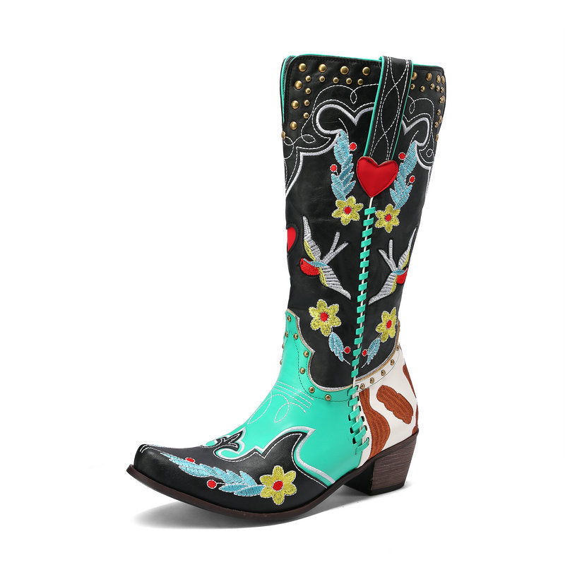 GR | Denim Western Shoes Women's Leather Boots Fantastic Embroidery