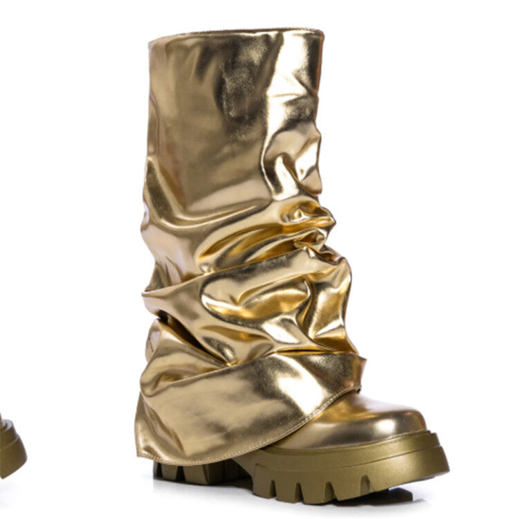 GR | Round Toe Thick Bound Shaped Sole Folded Women's Boots