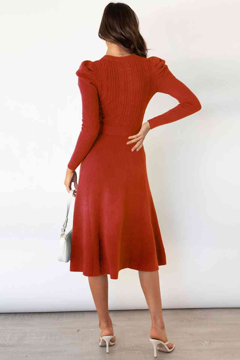 GR | Round Neck Long Sleeve Knot Waist Sweater Dress