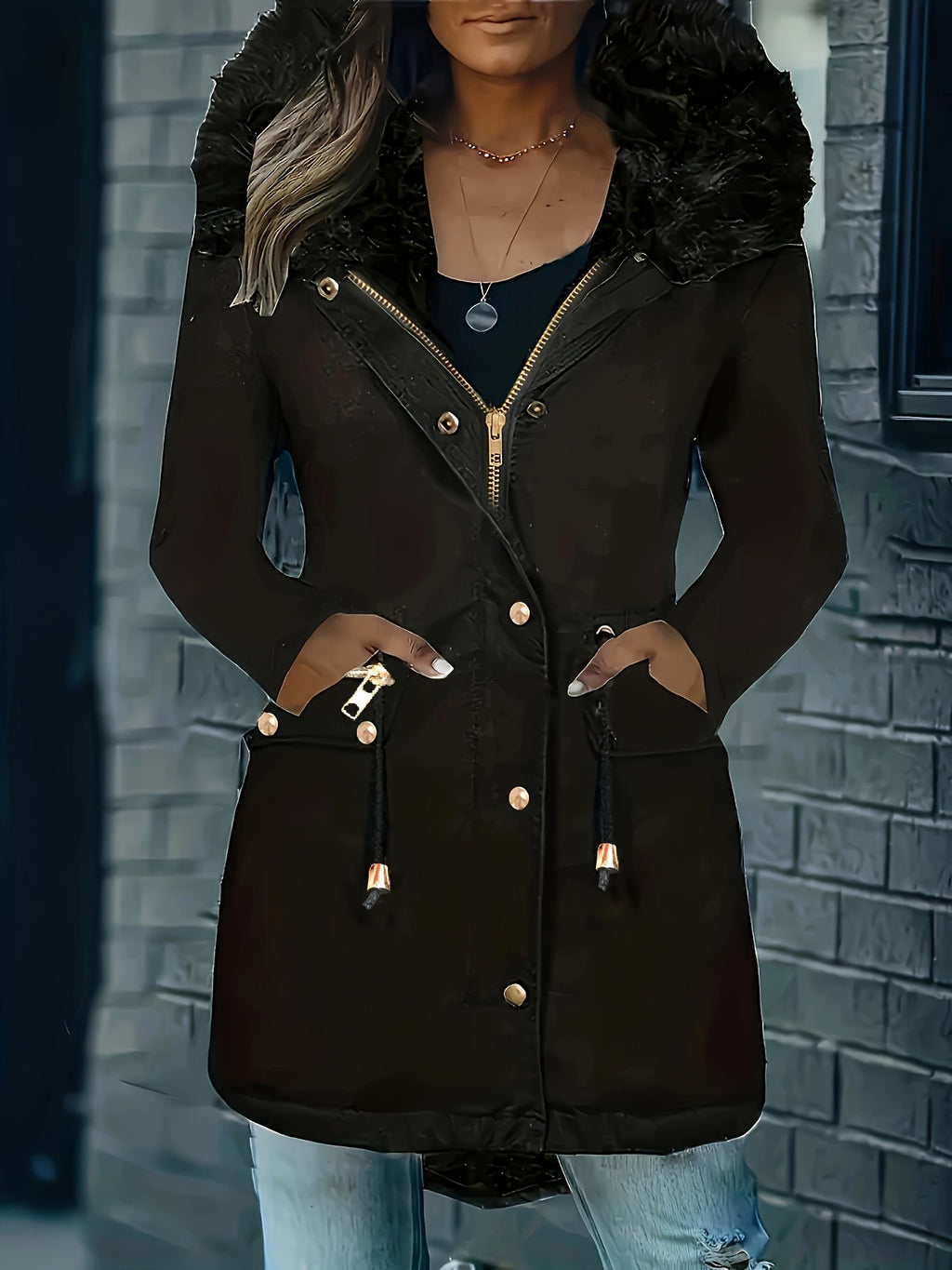 GR | Zip-up parka coat with buttons and hood, women's winter jacket
