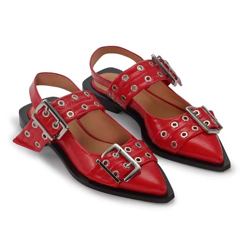 GR | Pointed toe belt buckle mules leather flat sandals