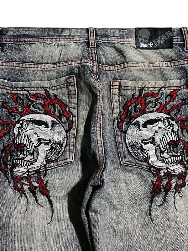 GR | 2000s Boyfriend Baggy Jeans With Skull Embroidery