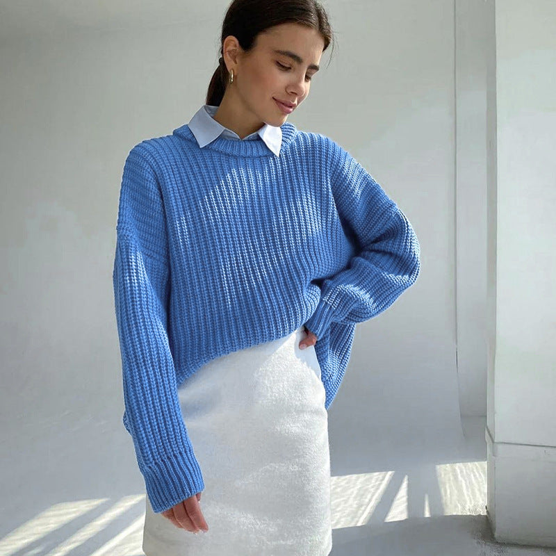 GR – Fashionable solid-color knit sweater with round neck