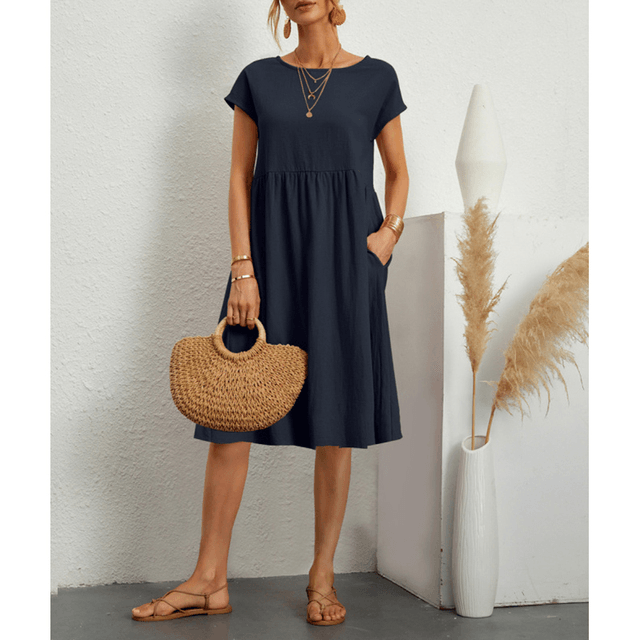 GR | Baumwolle Leinen Kurzarm Midi Kleid