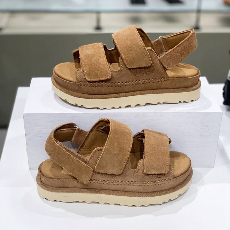 GR | Spring and Summer New Genuine Leather Thick Sole Strappy Velcro Sandals Women's Open Toe Height Increase