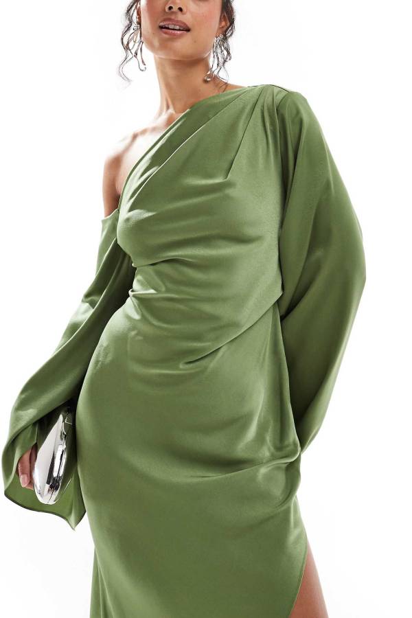 GR | Zayla Satin Asymmetrical One Shoulder Bell Sleeve Slit Maxi Dress 