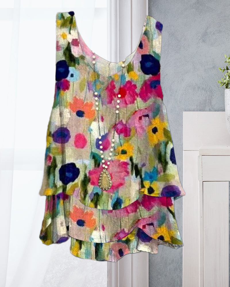 GR | Layered sleeveless top with floral motif