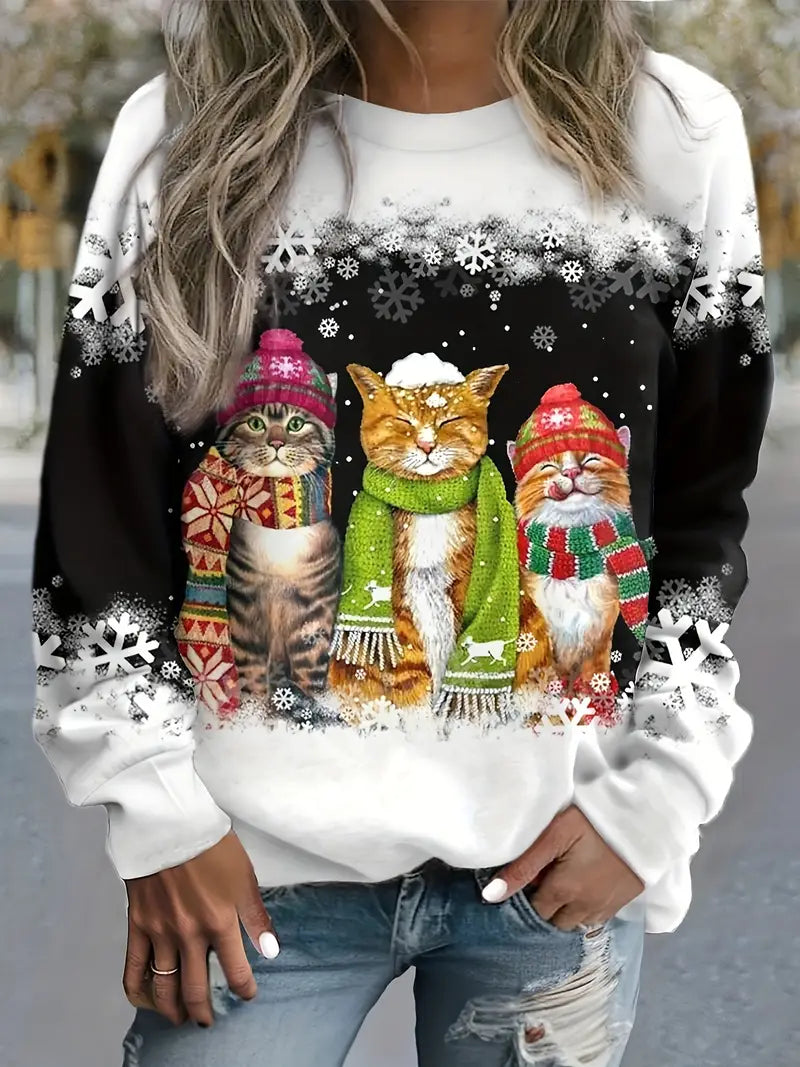 GR | Christmas Sweater with Cat Print for Women