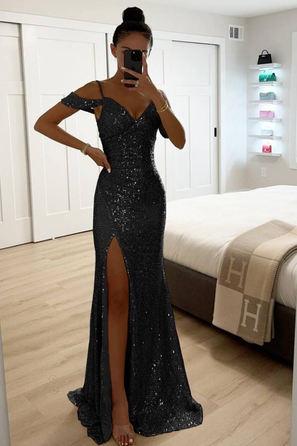 GR | Paillettenspitze Meerjungfrau Abschlussballkleider mit Schlitz Off-Shoulder Abendkleid