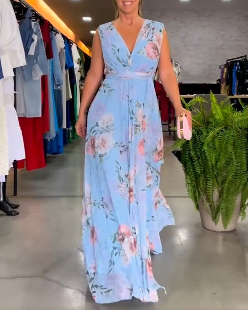 GR | Elegantes Ärmelloses V-Ausschnitt Floral Druck Kleid
