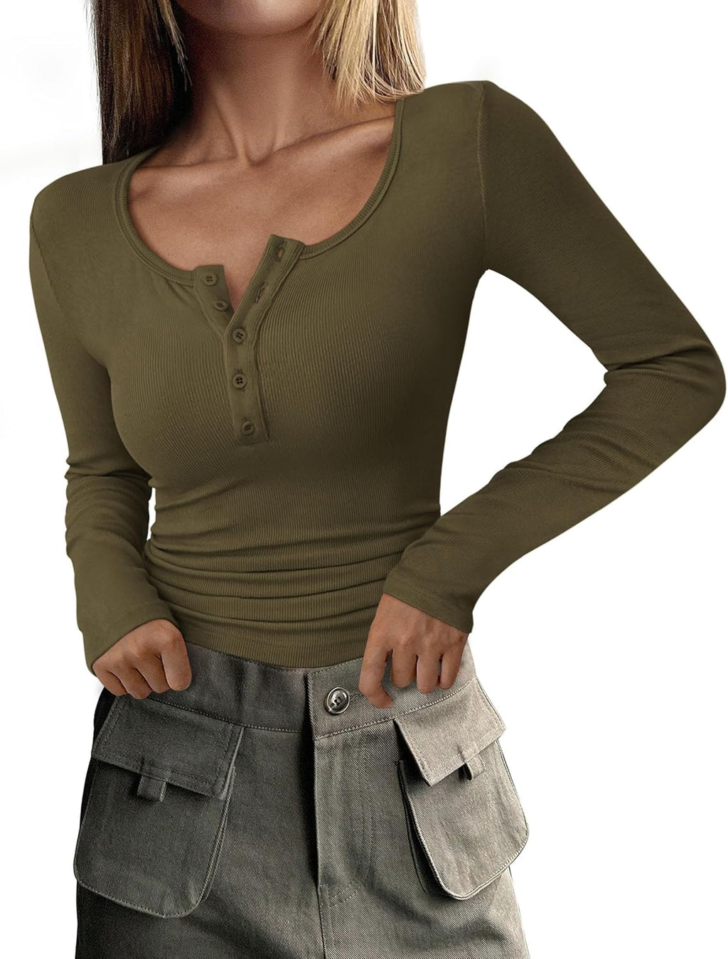 GR | Ribbed Henley long-sleeved top for women