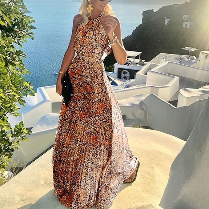 GR | Boho Print Patchwork Halter Pleated Dresses