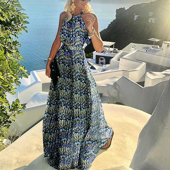 GR | Boho Print Patchwork Halter Pleated Dresses