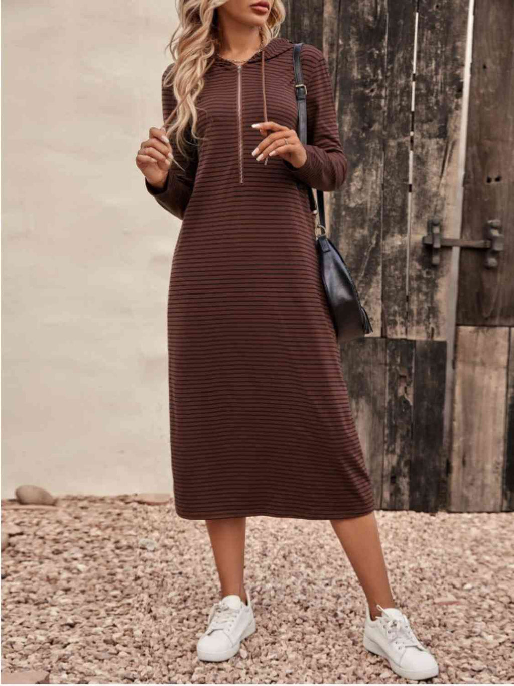 GR | Striped Zip-Front Hooded Dress